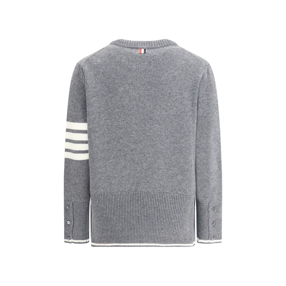 Back view of Thom Browne Gray Fleece Wool Sweatshirt showing ribbed hem and iconic bands on left arm.