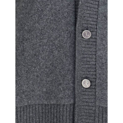 Detail of Thom Browne Gray Wool Cardigan with button closure and ribbed hem, ideal for a sophisticated everyday look.
