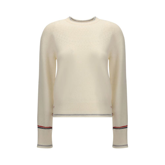 Thom Browne White Fleece Wool Sweatshirt with tricolor bands and ribbed crew neck.