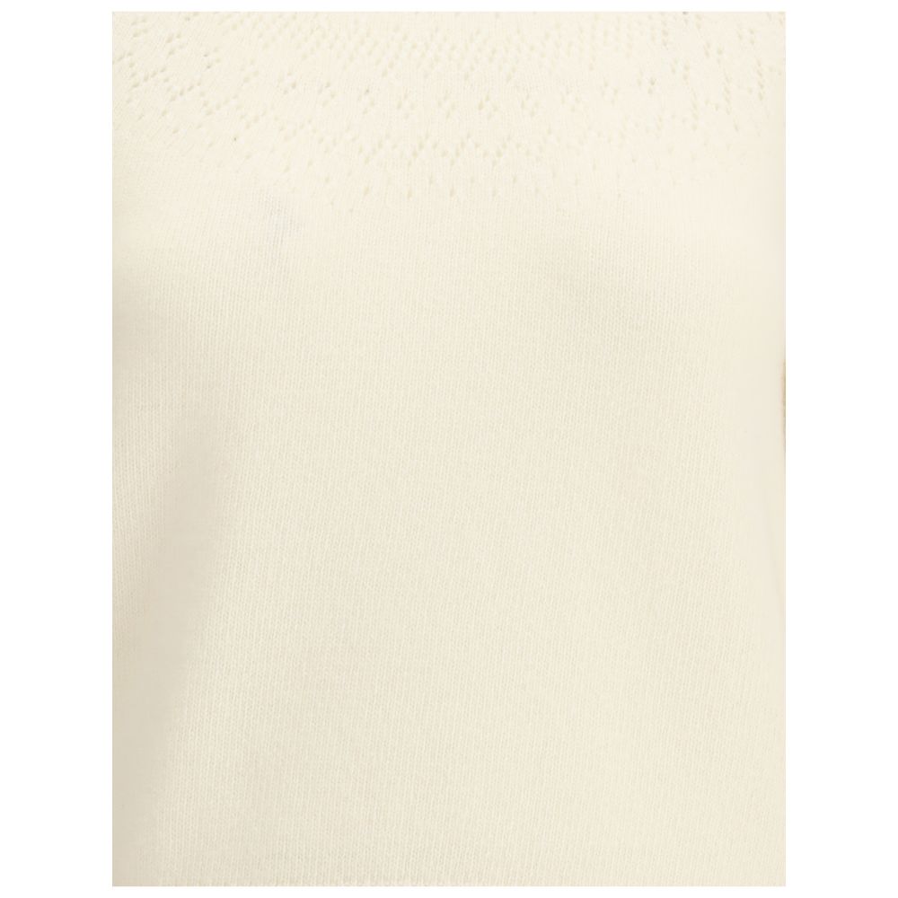 Thom Browne White Fleece Wool Sweatshirt with pointelle design and ribbed details showcasing iconic tricolor sleeve bands.