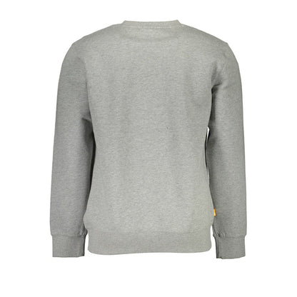 Back view of Timberland Gray Cotton Men Sweater showcasing crew neck design and long sleeves, made with organic materials.