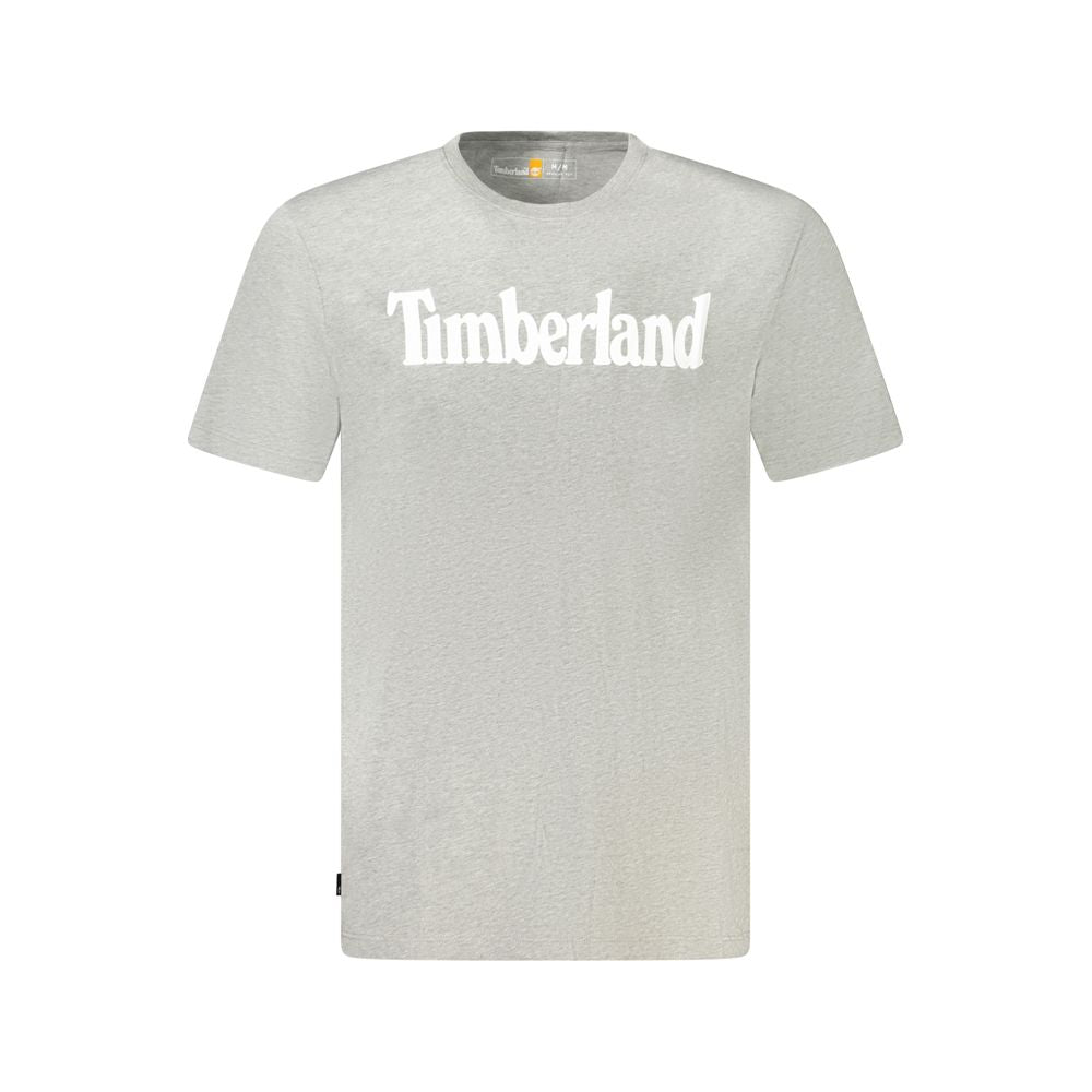 Timberland Gray Cotton Men T-Shirt with crew neck and bold logo, crafted from 100% organic cotton for sustainable fashion.