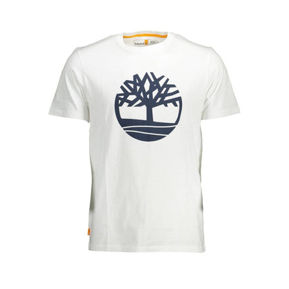 Timberland White Cotton Men T-Shirt with iconic logo and crew neck design, made from 100% organic cotton for casual luxury and eco-conscious fashion.
