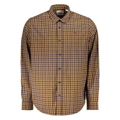 Alt Tag: Timberland Yellow Cotton Shirt with tartan pattern, long sleeves, Italian collar, embroidery, and 1 button cuffs.