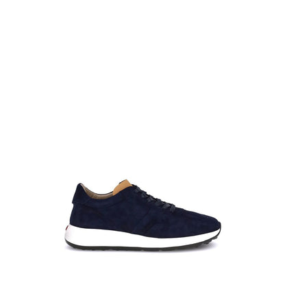 Alt Tag: Tod's Blue Calf Leather Bos Taurus Low Top Sneakers with soft suede and extra-light sole featuring Tod's logo.