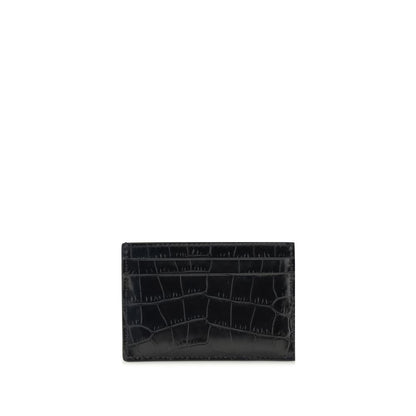 Tom Ford Black Leather Wallet with croco print and gold logo, featuring multiple card slots for a sophisticated look.