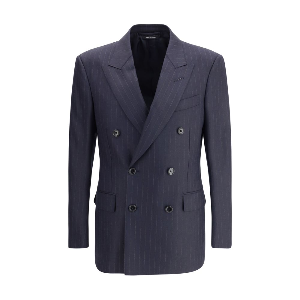 Tom Ford Blue Wool Blazer, double-breasted pinstripe with peaked lapels, regular fit, 100% wool, AW25 collection.
