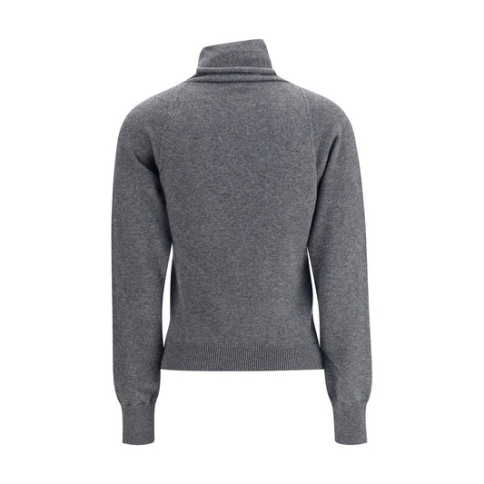 Back view of Tom Ford Cashmere turtleneck Sweater with ribbed collar, hem, cuffs, and asymmetrical hemline in brown.