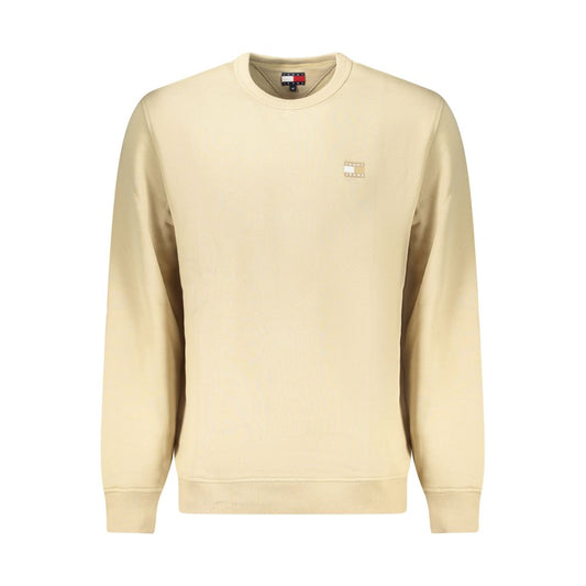 Tommy Hilfiger Beige Cotton Men Sweater with crew neck and applique logo, long-sleeved, made from regenerative cotton.