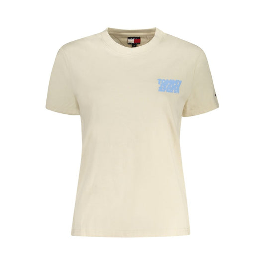 Tommy Hilfiger Beige Cotton Women T-Shirt with crew neck and vibrant print, featuring the iconic logo and crafted from regenerative cotton.