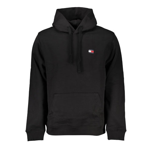 Tommy Hilfiger Black Cotton Men Sweater with Hood featuring a central pocket and logo on front.