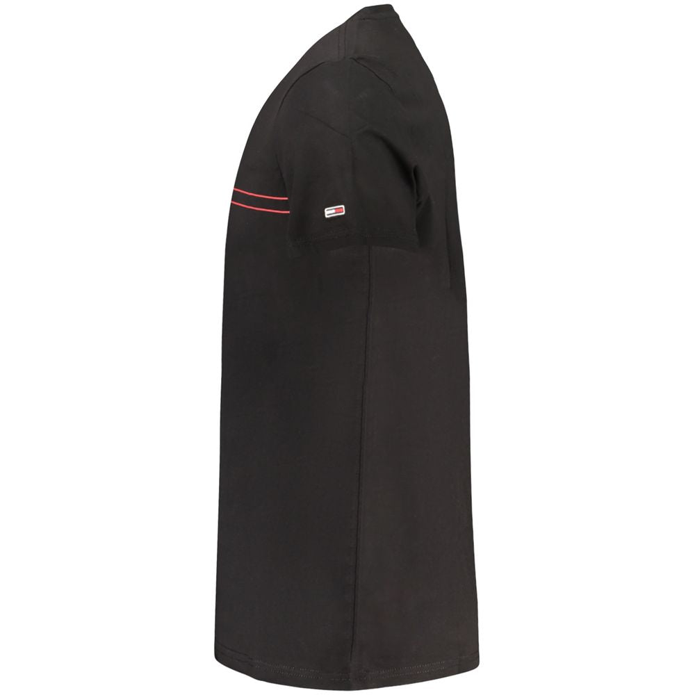 Side view of Tommy Hilfiger Black Cotton Men T-Shirt showcasing sleek design and signature logo.