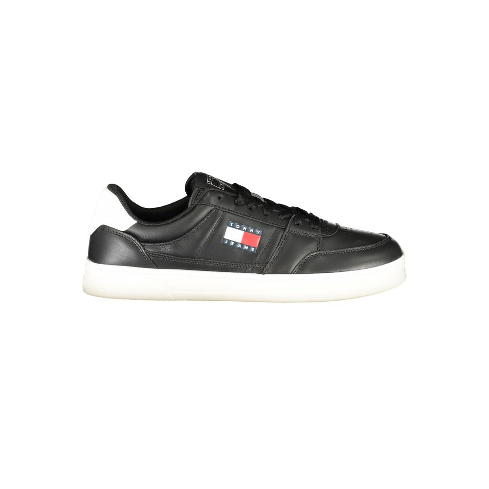 Tommy Hilfiger Black Leather Men Sneaker with white sole and logo