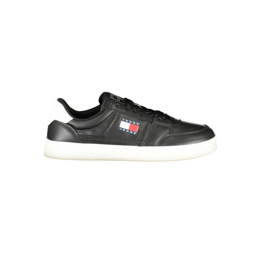 Tommy Hilfiger Black Leather Men Sneaker with white sole and logo