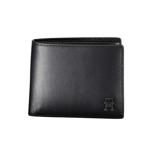 Tommy Hilfiger Black Leather Men Wallet with logo, sleek design, double card spaces, and contrasting details for style and organization.