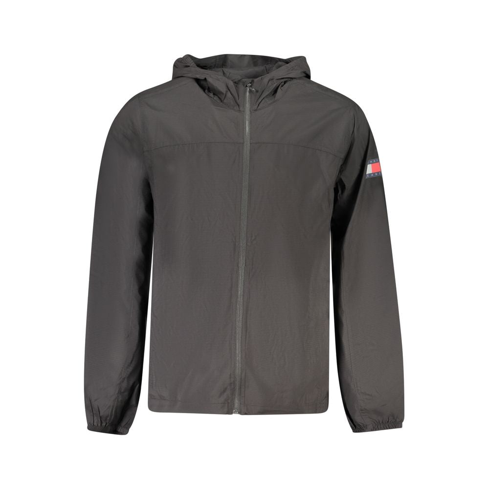 Tommy Hilfiger Black Polyamide Men Jacket with logo on sleeve and hood, showcasing sleek design and eco-friendly material.