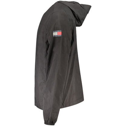 Tommy Hilfiger Black Polyamide Men Jacket with hood, logo on sleeve, highlighting eco-friendly fashion.