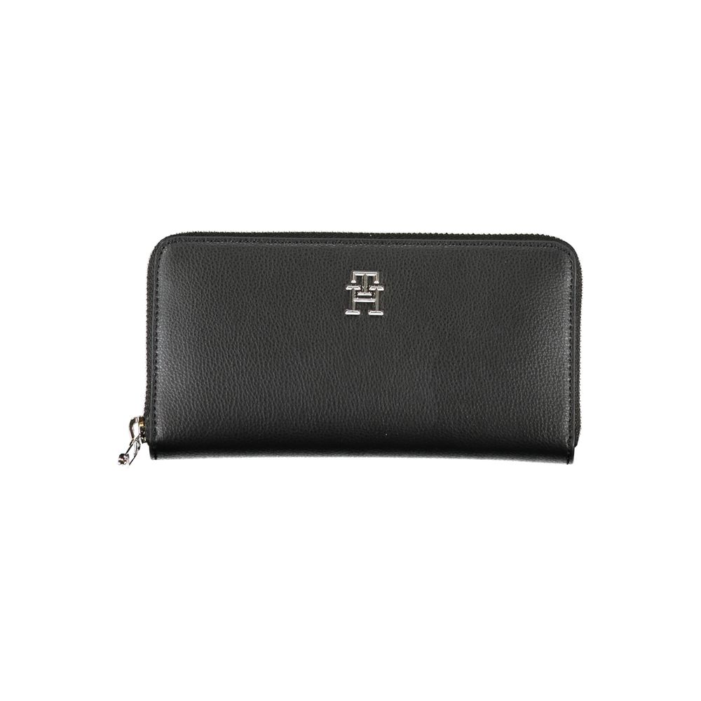 Tommy Hilfiger Black Polyester Wallet with logo, zip closure, 5 compartments, coin purse, and double card spaces.