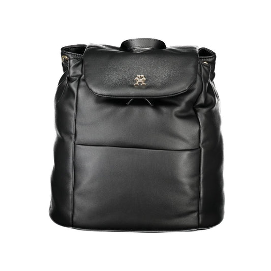Tommy Hilfiger Black Polyester Women Backpack featuring sleek design with external pocket, ideal for fashionable on-the-go style.