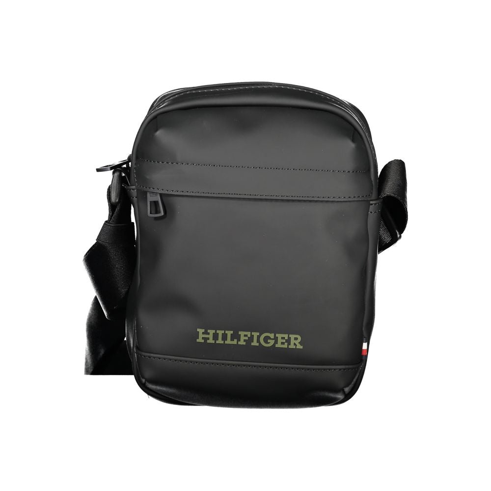 Tommy Hilfiger Black Polyethylene Shoulder Bag with adjustable strap, external and internal pockets, zip closure, and logo print.