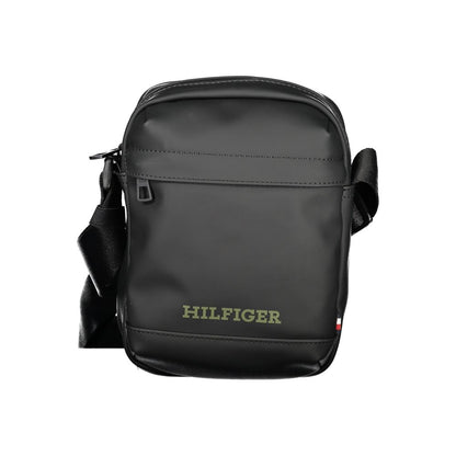Tommy Hilfiger Black Polyethylene Shoulder Bag with adjustable strap, external and internal pockets, zip closure, and logo print.
