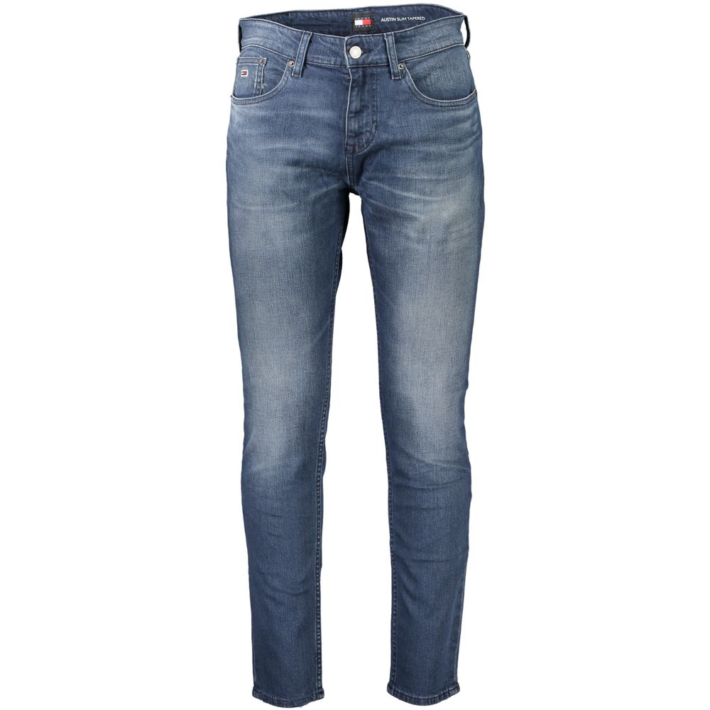 Tommy Hilfiger Blue Cotton Men Jeans featuring slim tapered fit with iconic logo, eco-friendly design, and modern silhouette.