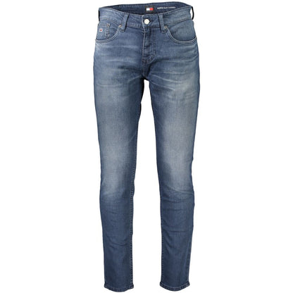 Tommy Hilfiger Blue Cotton Men Jeans featuring slim tapered fit with iconic logo, eco-friendly design, and modern silhouette.