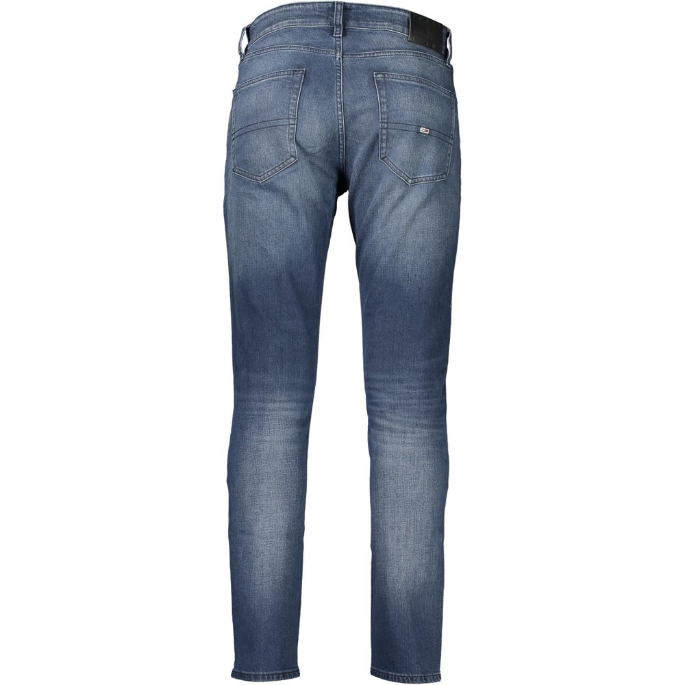 Tommy Hilfiger Blue Cotton Men Jeans, back view, showcasing slim tapered fit and eco-conscious denim design.