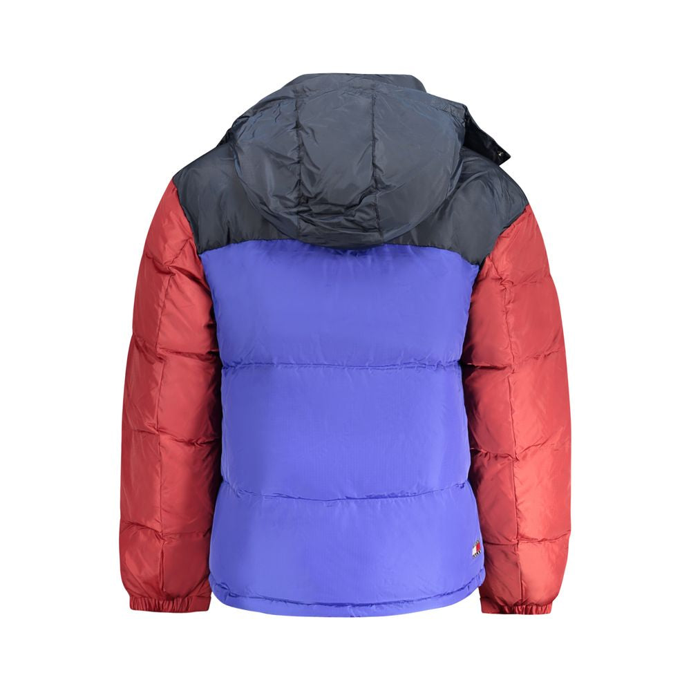 Tommy Hilfiger Blue Polyester Men's Jacket with detachable hood, back view showcasing striking color contrast.