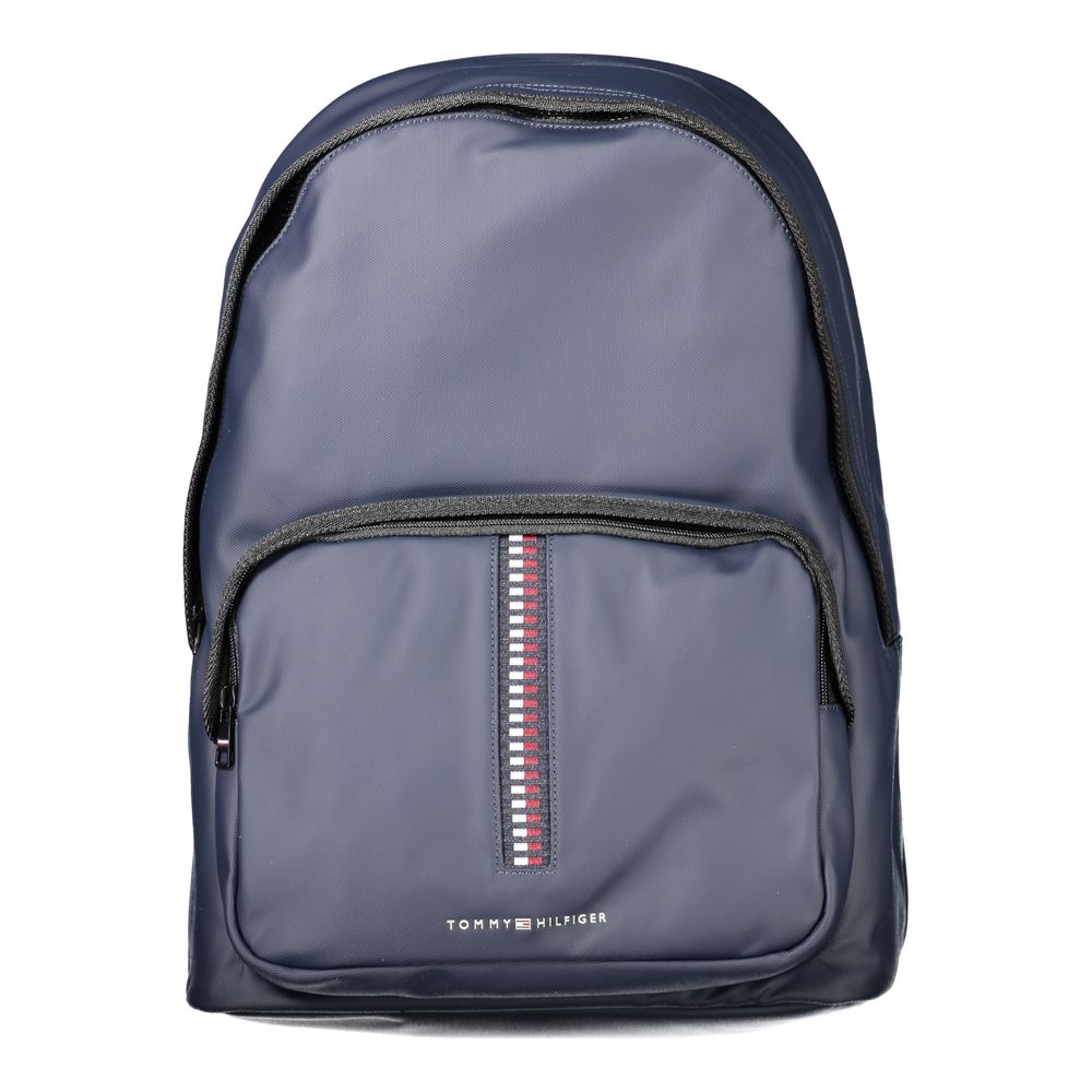 Tommy Hilfiger Blue Polyethylene Backpack with logo, external pocket, adjustable straps, and laptop compartment.