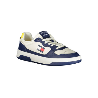 Tommy Hilfiger Blue Polyethylene Men Sneaker with logo and yellow accents, featuring white laces and removable insole for comfort.
