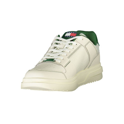Tommy Hilfiger Green Leather Men Sneaker with removable insole, iconic logo, and contrasting details for stylish comfort.