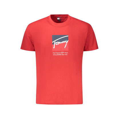 Tommy Hilfiger Red Cotton Men T-Shirt with logo and bold print, made from 95% regenerative cotton, perfect for conscious fashion statements.