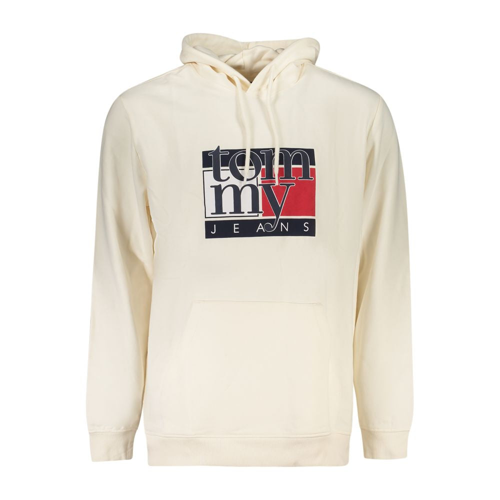 Tommy Hilfiger White Cotton Men Sweater featuring iconic logo and central pocket for a stylish streetwear look.