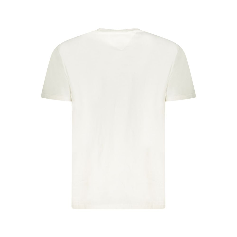 Back view of Tommy Hilfiger White Cotton Men T-Shirt featuring eco-friendly regenerative cotton, crew neck design, and iconic brand embroidery.