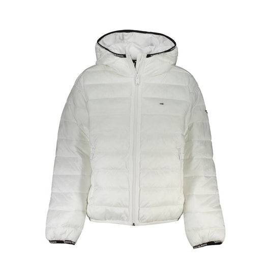Tommy Hilfiger White Polyester Jackets & Coat, long-sleeved hooded jacket with zip, logo, recycled polyester, contrast details.