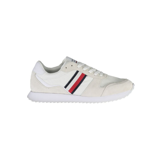 Tommy Hilfiger White Polyester Men Sneaker with recycled materials and leather accents, featuring iconic logo and eco-friendly design.