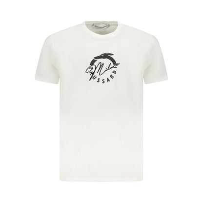 Trussardi White Cotton Men T-Shirt with iconic logo print on front, showcasing elegant style and soft cotton fabric for casual wear.