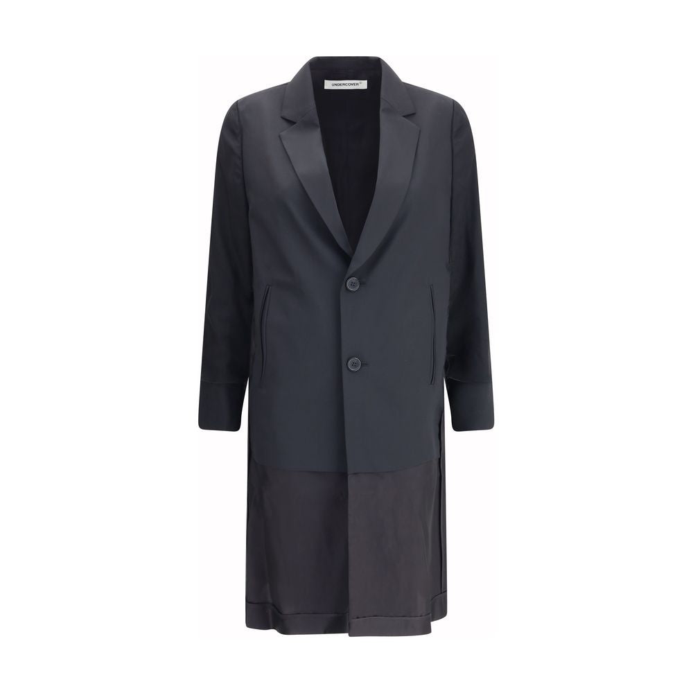 Undercover Black Polyester Coat with long blazer design, classic lapels, and tulle sleeve details.