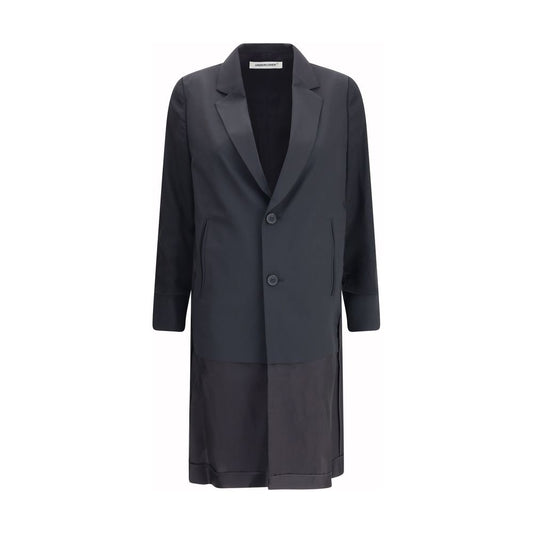 Undercover Black Polyester Coat with classic lapels, two-button closure, and tulle sleeve details for a sophisticated and dynamic look.