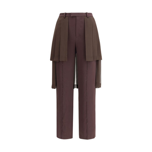 Undercover Brown Acetate Casual Pants with organza pleated skirt and hidden pockets for elegant style and comfort.