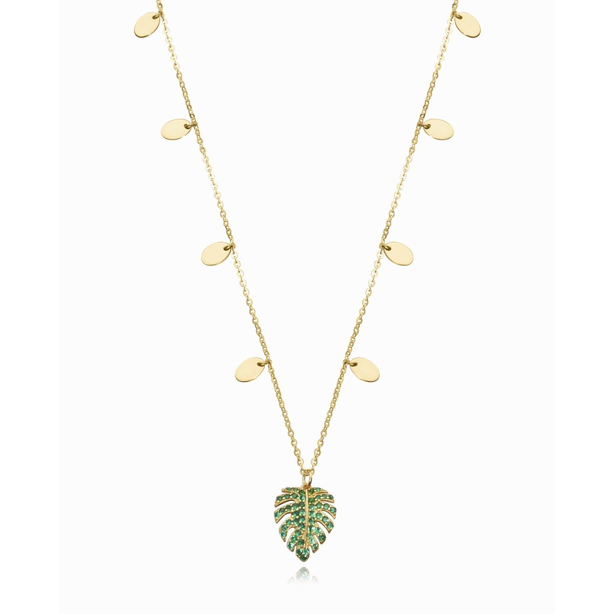 Gold leaf pendant necklace with green accents on a chain featuring round charms, elegant jewelry piece.