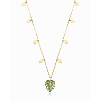 Gold leaf pendant necklace with green accents on a chain featuring round charms, elegant jewelry piece.