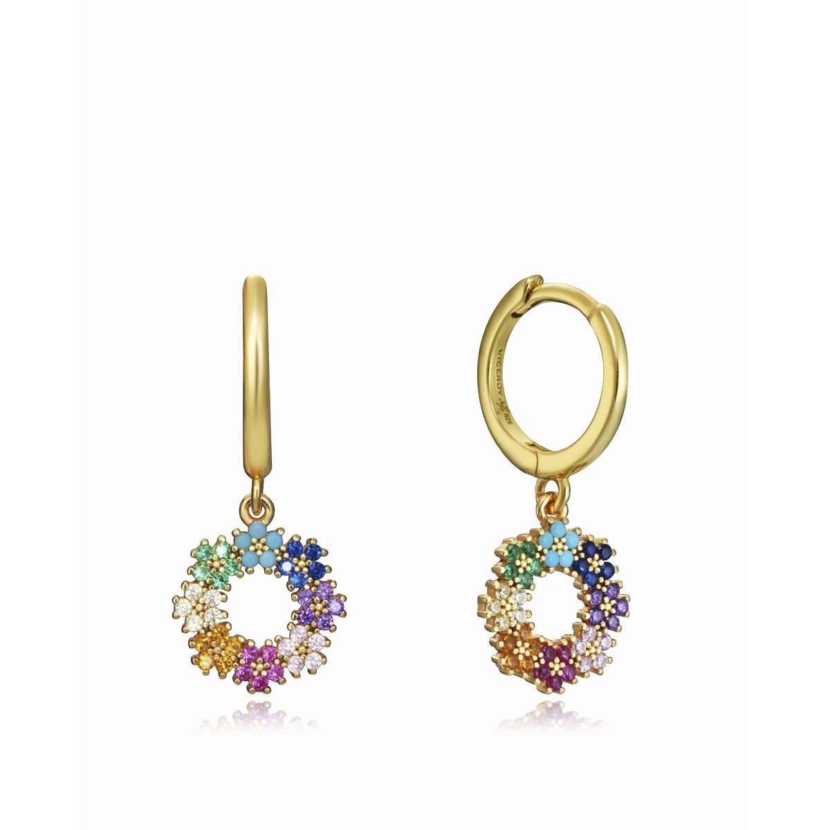 Gold and multicolor stone hoop earrings with floral design.