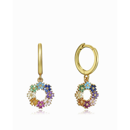 Gold and multicolor stone hoop earrings with floral design.