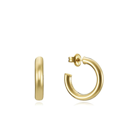 Gold hoop earrings in a minimalist design shown from front and side views, ideal for elegant styling.