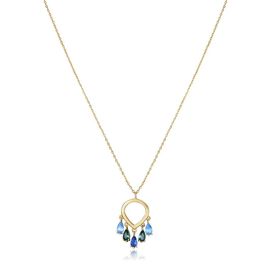 Gold necklace with teardrop pendant and blue gemstones, ideal for ladies, featuring a delicate chain and elegant design.