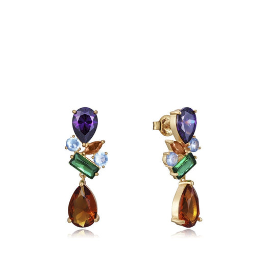 Elegant multicolored gemstone drop earrings on white background.