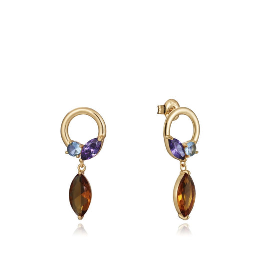 Elegant gold earrings with gemstones and teardrop design, perfect for evening wear.