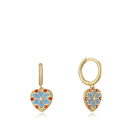Gold heart-shaped earrings with colorful mosaic pattern